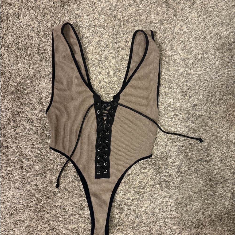 Fashion Nova Tan Bodysuit with Black Lace-Up